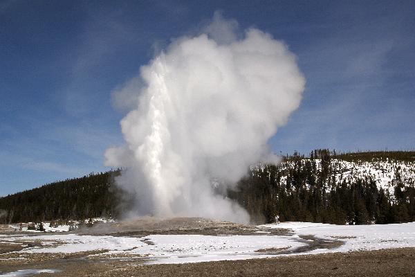 Old Faithful Geyser erupting during a sunny winter day